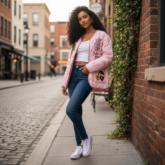 NWT First Row Denim "Keep Things Simple" Pink Quilted Jacket Enjoy Life – Small - Picture 10 of 12